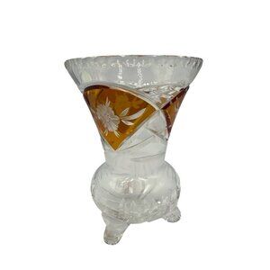 Vintage Bohemian Amber Cut-To-Clear Crystal Vase Hand-Cut Floral Pattern Elegant